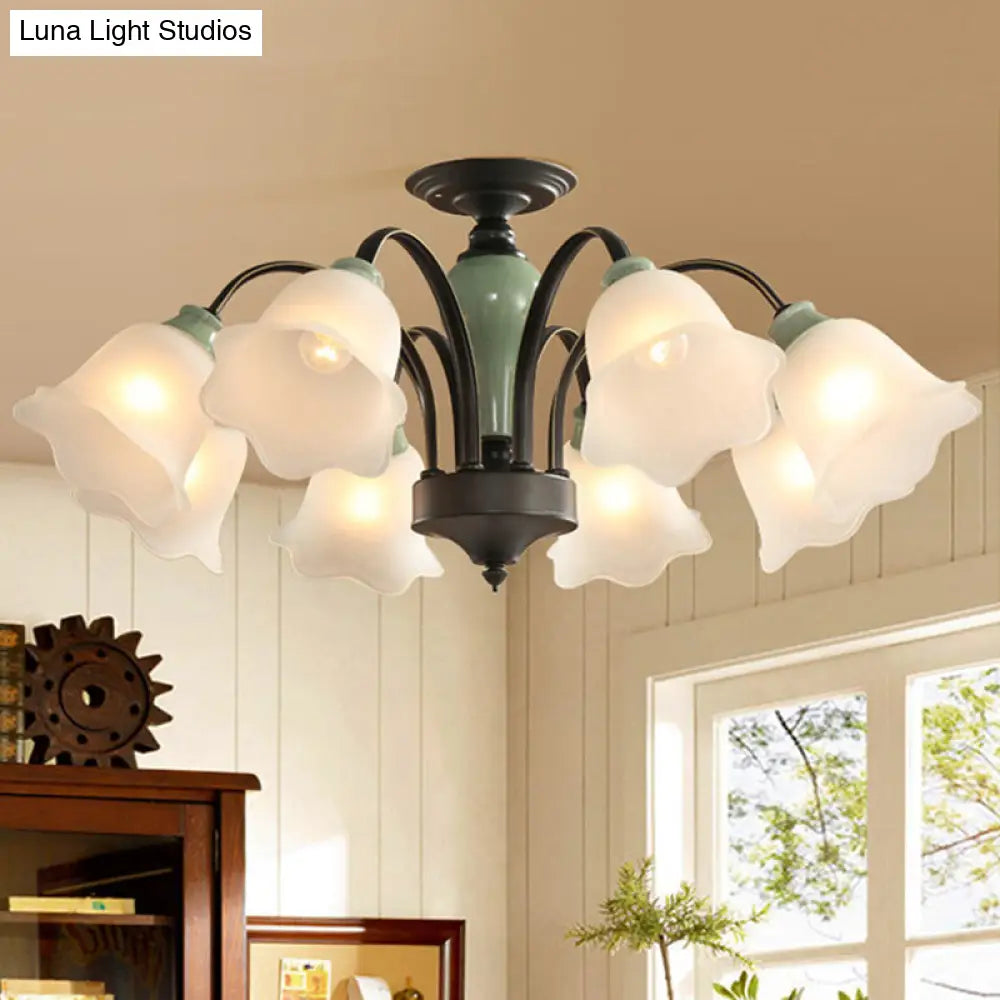 DecorBites™ DecorBites™ Black Flower Semi Flush Frosted Glass Ceiling Mount with Curved Arm - Countryside Style, 3/6/8 Heads - Living Room