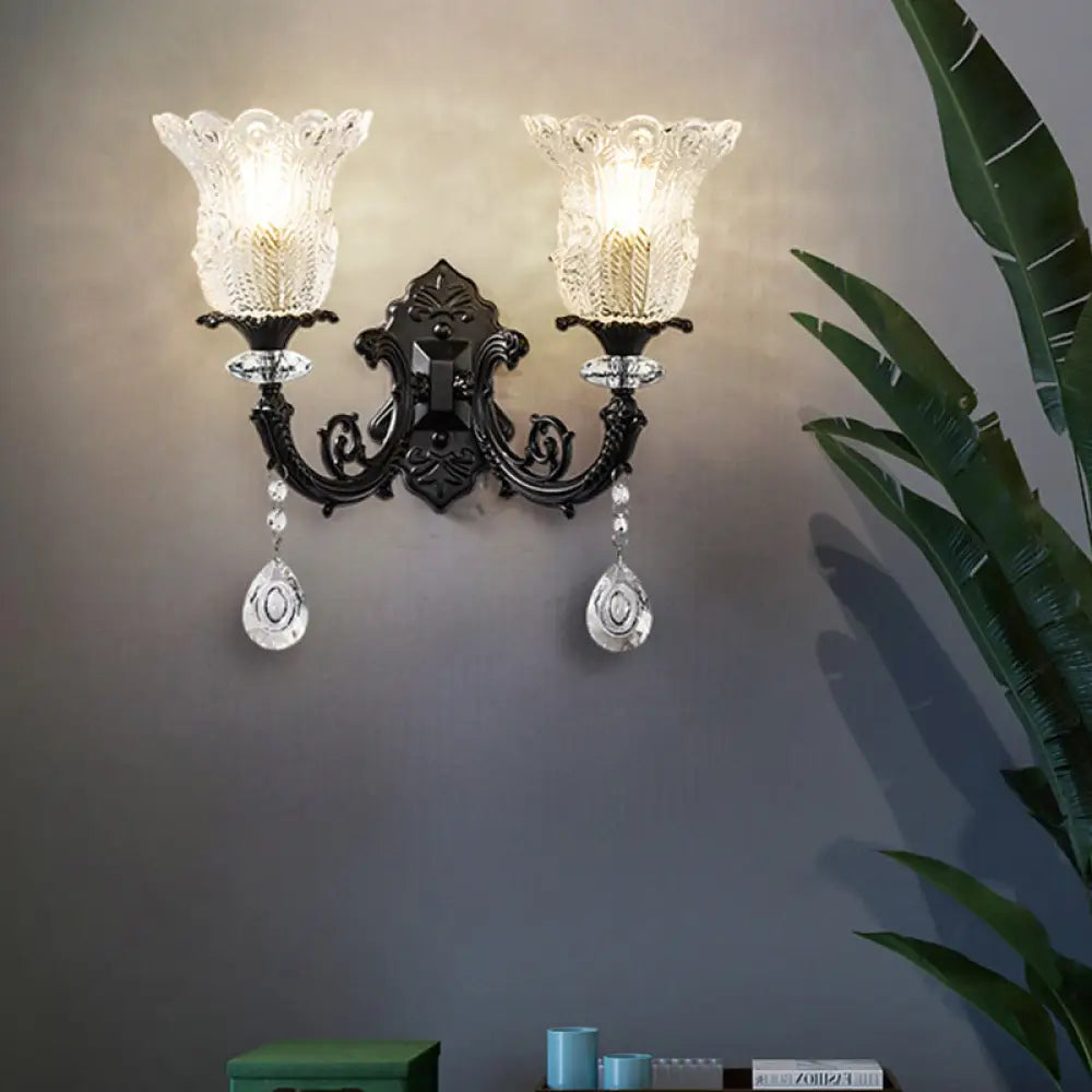 DecorBites™ DecorBites™ Black Flower Wall Lamp with Clear Crystal Glass Shade & Minimalist Design