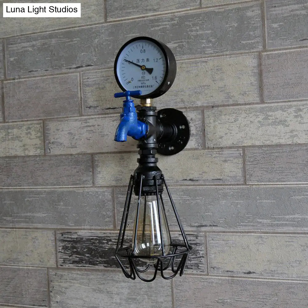 DecorBites™ Black Industrial Water Tap Sconce Lighting with Cage and Gauge - 1 Head Metal Wall Lamp Fixture