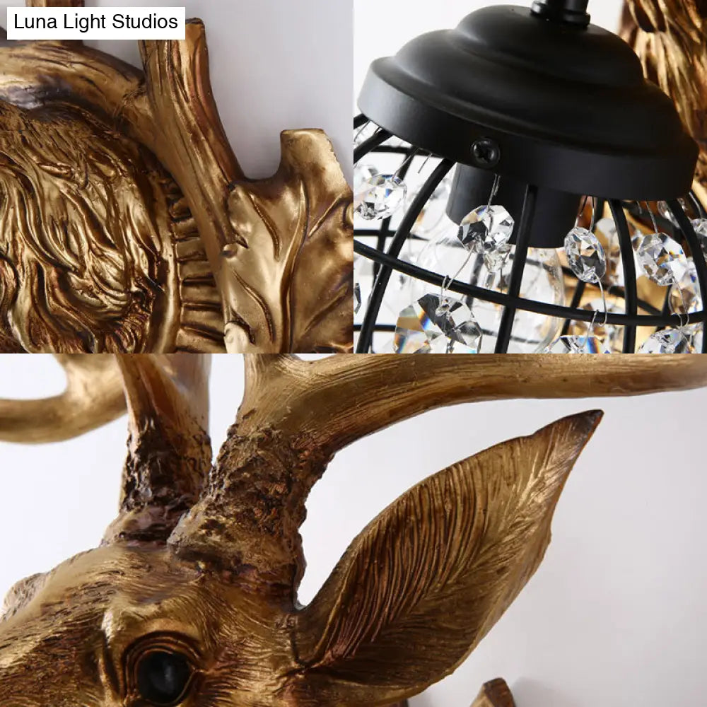Black Iron Wire Cage Sconce with Deer Head Backplate - Countryside 1 Light Wall Lighting for Living Room