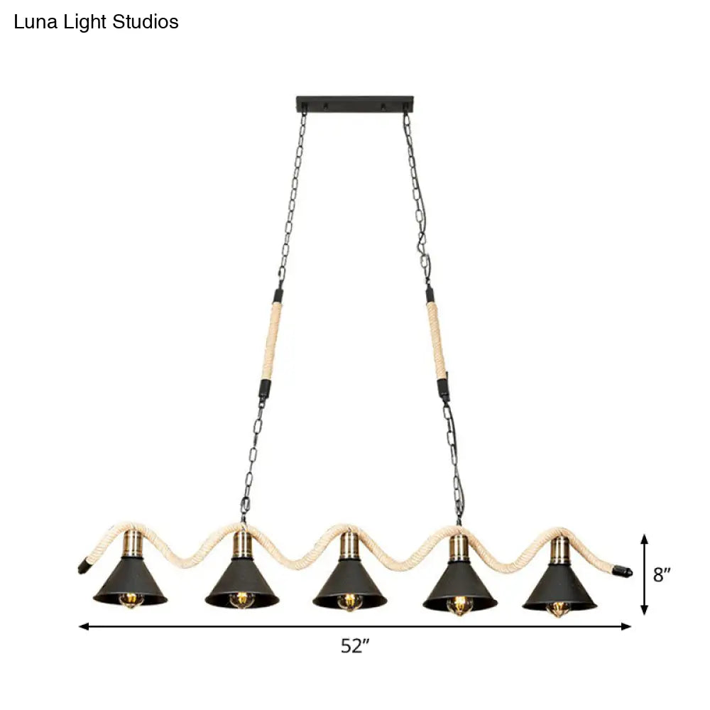 DecorBites™ Black Island Pendant with 5 Hemp Rope Lights and Metal Shade
