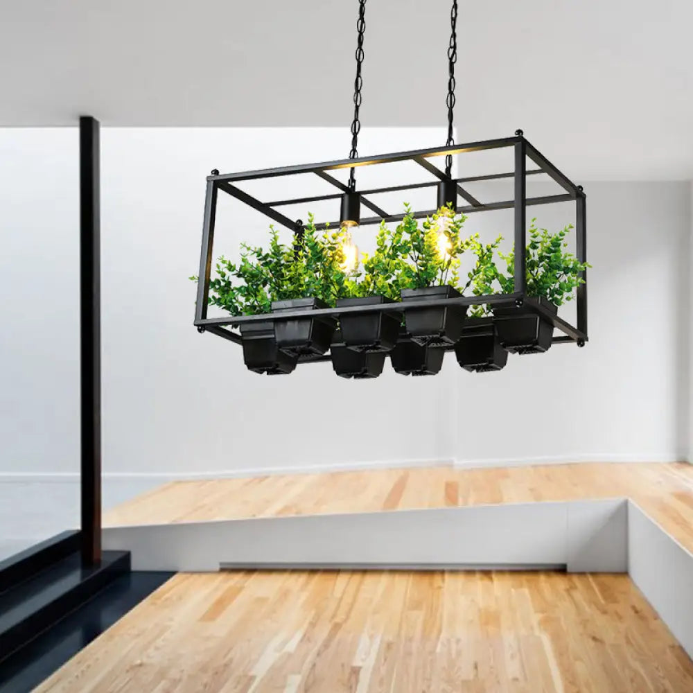 Black Loft Style Rectangle Cage Pendant Light with Plastic Pot – Ideal Island Lighting for Dining Room