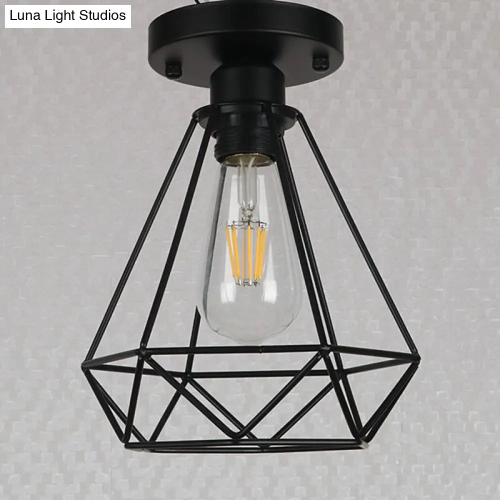 Lámpara colgante DecorBites™ con jaula de diamante de metal negro para cafeterías y lofts - Lámpara de techo semiempotrada