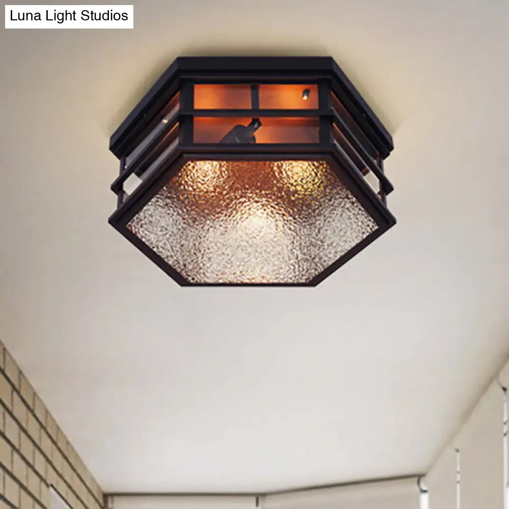 Lámpara de techo empotrada hexagonal de metal negro DecorBites™ con difusor de vidrio esmerilado - 2/3 luces, 35,5/43 cm de ancho - Estilo rústico