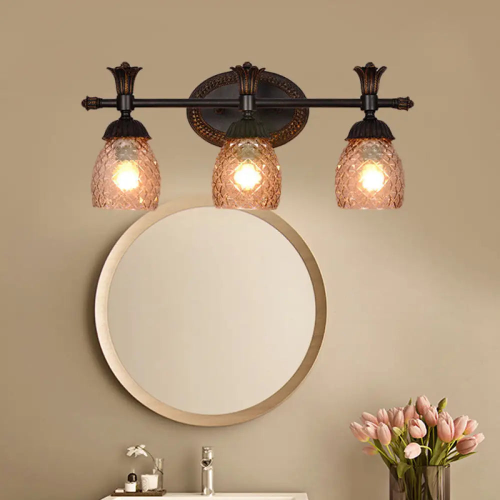 Black Metal Wall Mount Vanity Light: Clear Prismatic Glass Dome, Traditional Style, 2/3-Light Bathroom Lighting