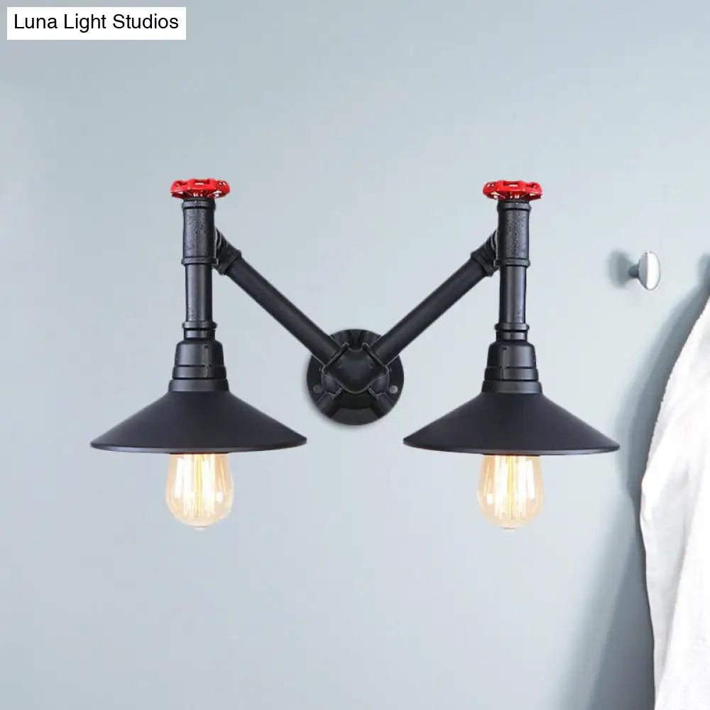 Black Metal Warehouse Style 2-Head Wall Lamp with Saucer Shade and Pipe Valve