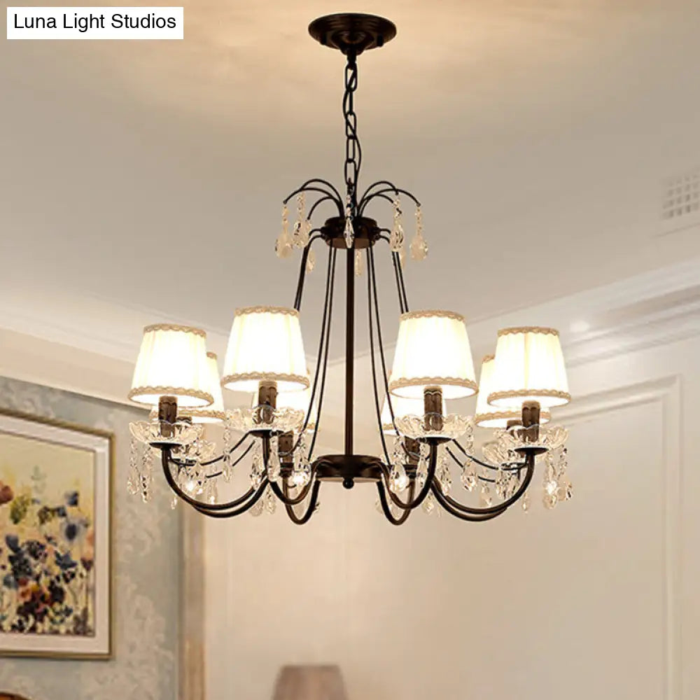 Black Modernist Cone Hanging Chandelier - Fabric 5/6/8 Bulbs - Restaurant Down Lighting with Crystal Drops