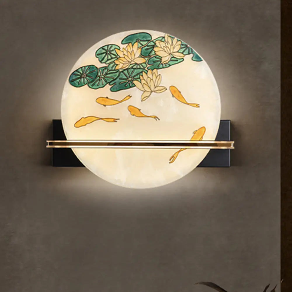 Black Oriental Style LED Wall Lamp with Elk Deer/Fish Pattern - Acrylic Surface, Rounded Design