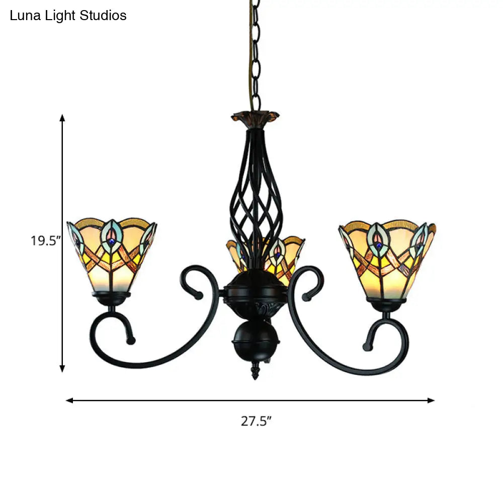 Black Peacock Chandelier with Stained Glass Shades - Rustic Pendant Lamp for Dining Table