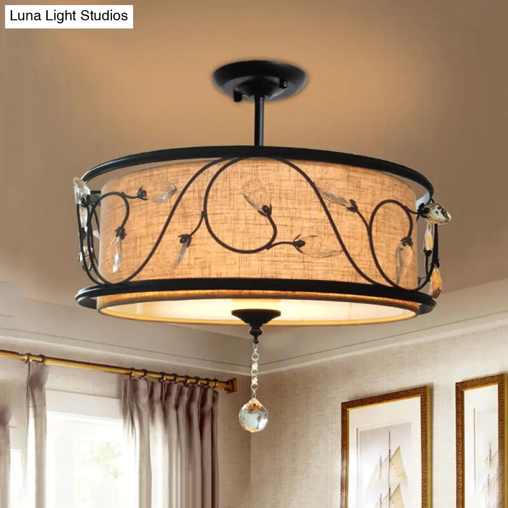 مصباح سقف DecorBites™ أسود ريفي شبه مدمج مع ستارة كريستالية - 4 مصابيح، قطر 14 بوصة/21.5 بوصة - غطاء من القماش