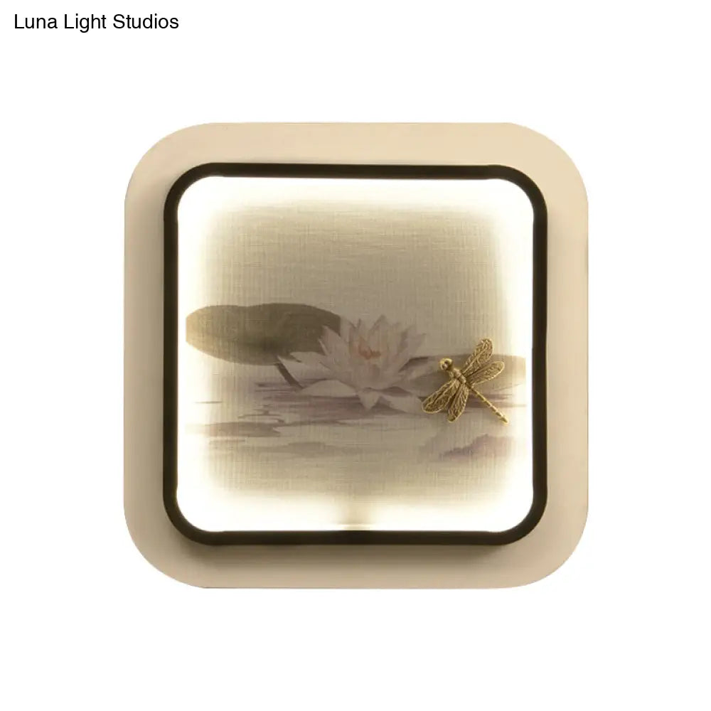 Aplique de pared LED chino blanco y negro con diseño de loto y libélula - Estructura metálica cuadrada