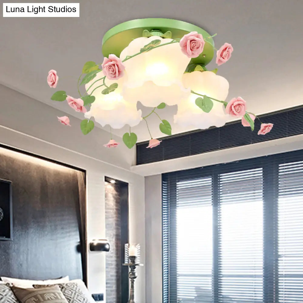 DecorBites™ DecorBites™ Blooming Beauty: Opal Glass 3-Head Flush Mount Ceiling Light with Countryside Charm in White/Green for Bedrooms