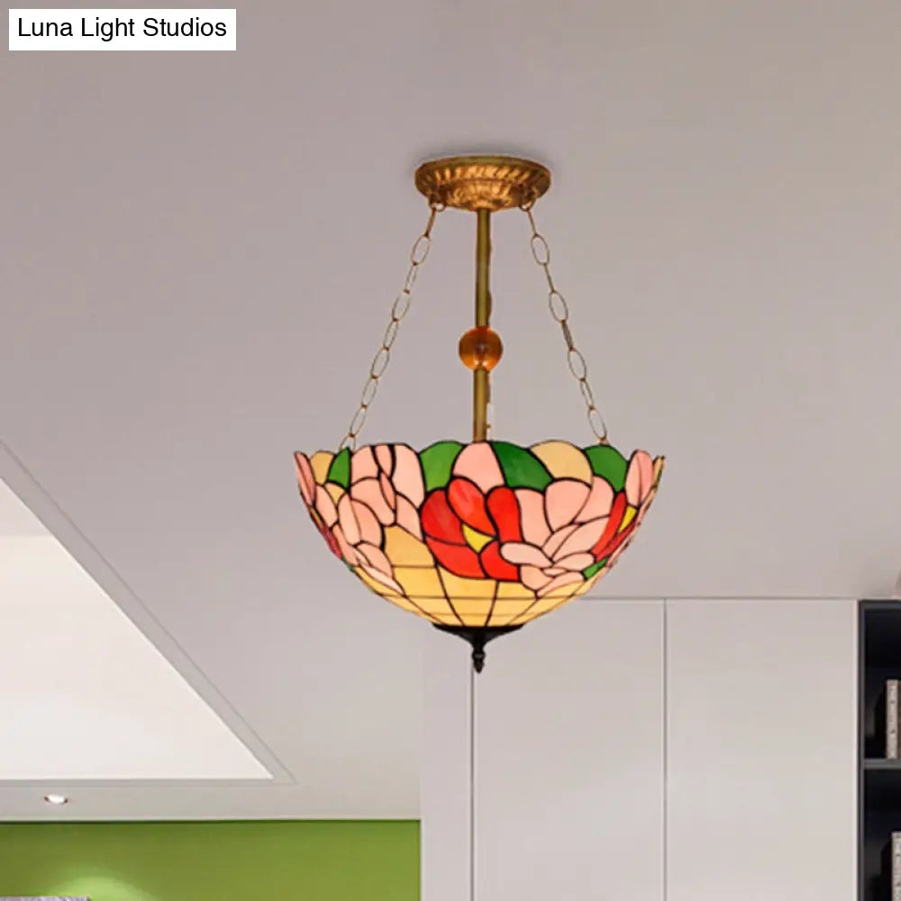 DecorBites™ DecorBites™ Blossom Tiffany Antique Stained Glass Ceiling Fixture - Inverted Semi Flush Mount Light with Flower/Morning Glory Pattern