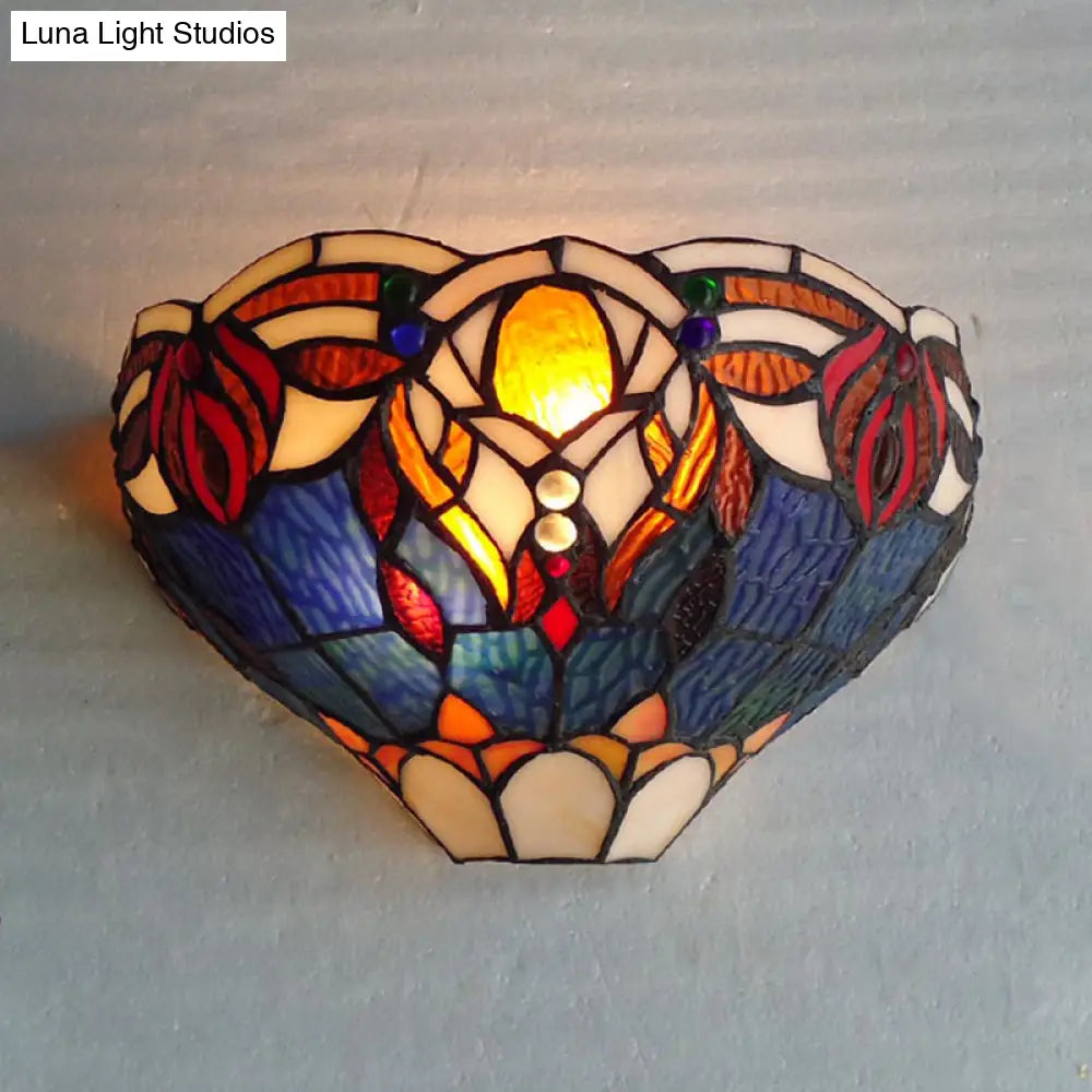 Aplique de pared estilo Tiffany en azul y marrón - Aplique de cristal artístico de 1 luz para sala de estar