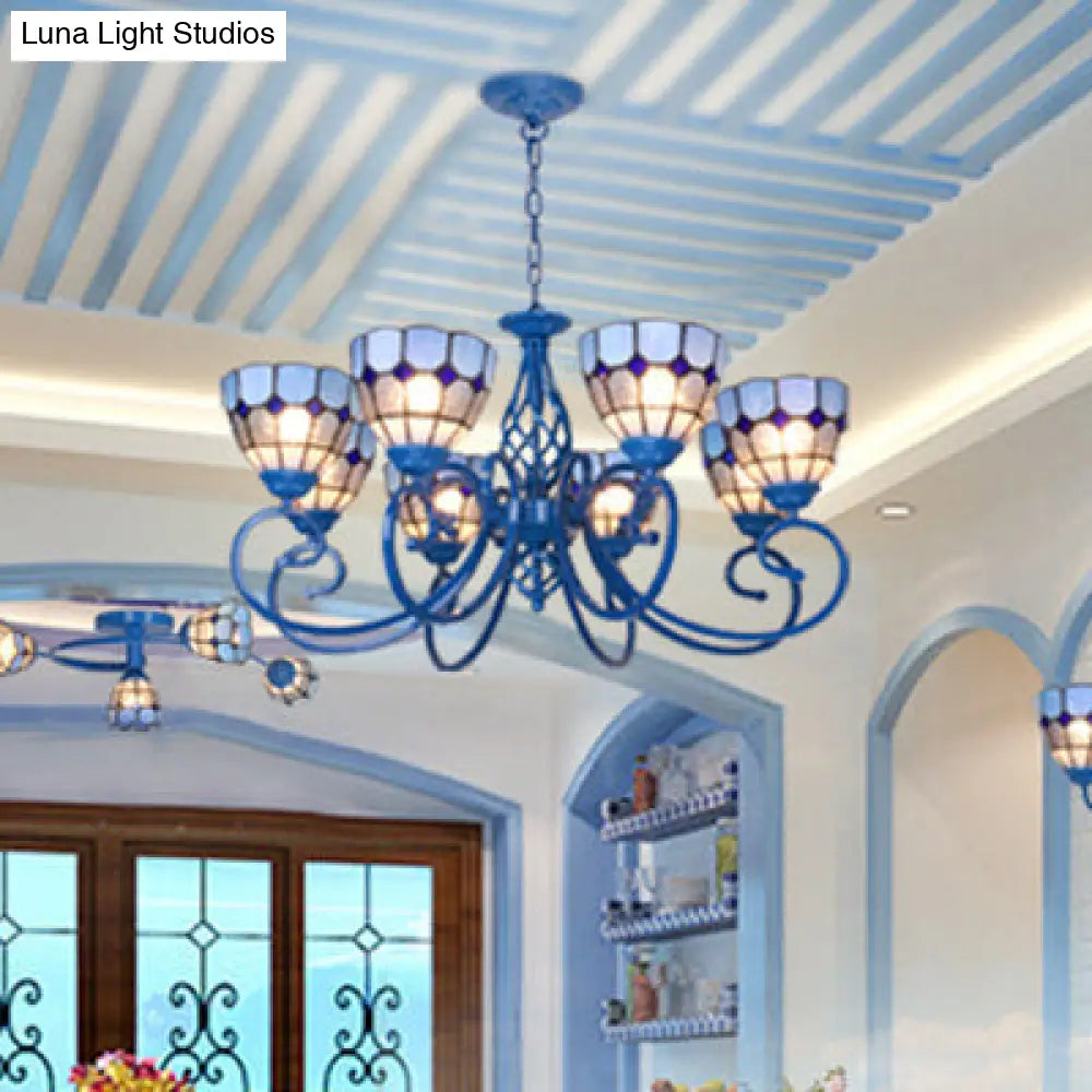 Blue Bowl Pendant Chandelier - 6/8 Lights, Mediterranean Style for Living Room