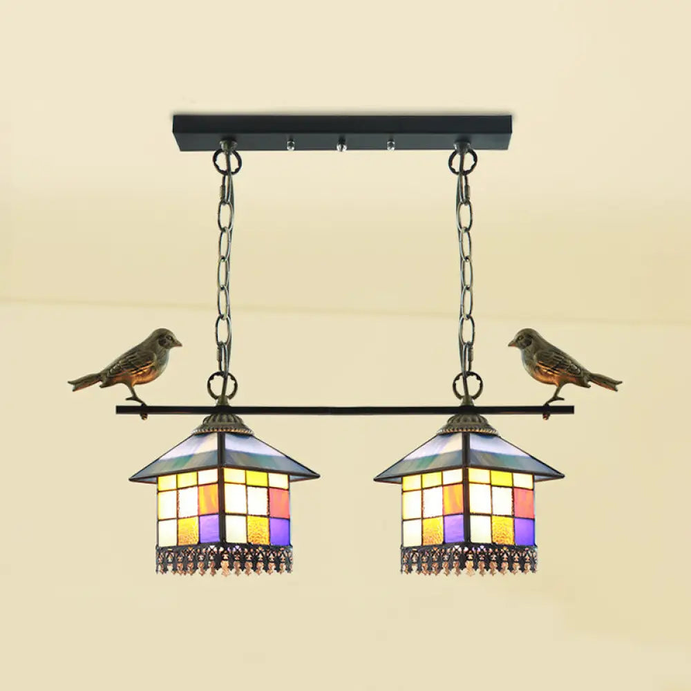 DecorBites™ Blue/Clear Tiffany Style Pendant Light - 2 Heads Living Room Island Hanging Lamp with Stainless Glass Shade