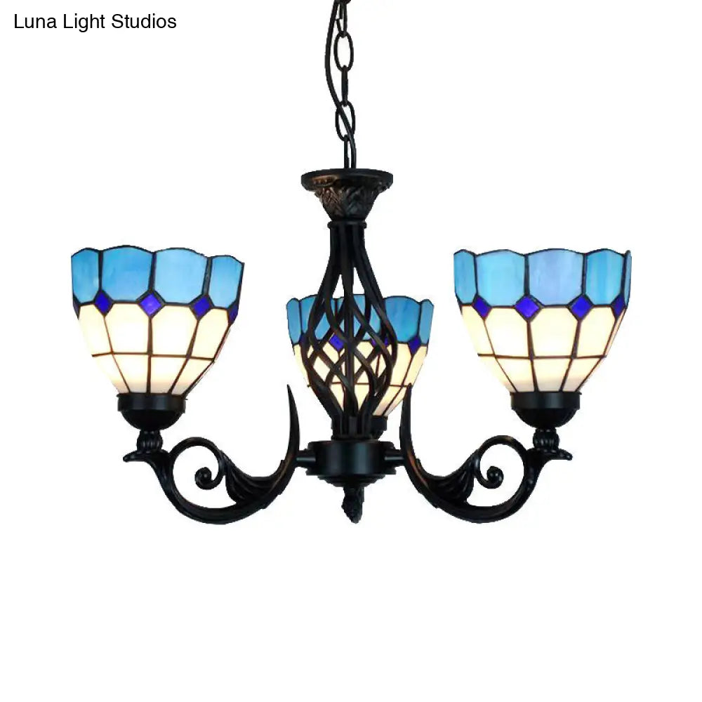 Lámpara colgante de cristal azul con diseño de rejilla y cadena metálica para dormitorio