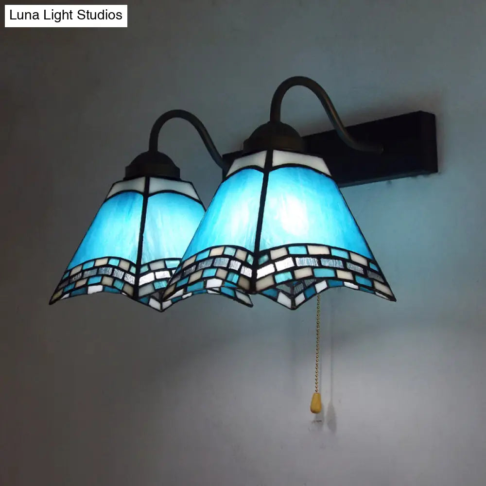 Blue Glass Mediterranean Wall Sconce with Dual Heads and Pull Chain Switch