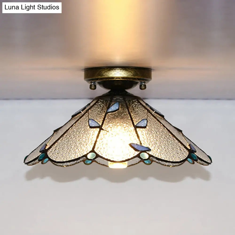 DecorBites™ DecorBites™ Blue Leaf Lodge Style Indoor Flush Mount Ceiling Light - Stained Glass, White/Clear - for Bedroom