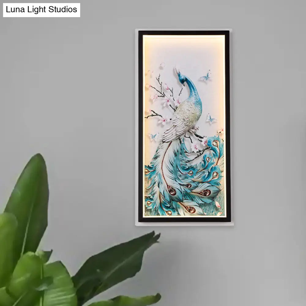 Blue LED Peacock Mural Wall Light with Aluminum Asian Design