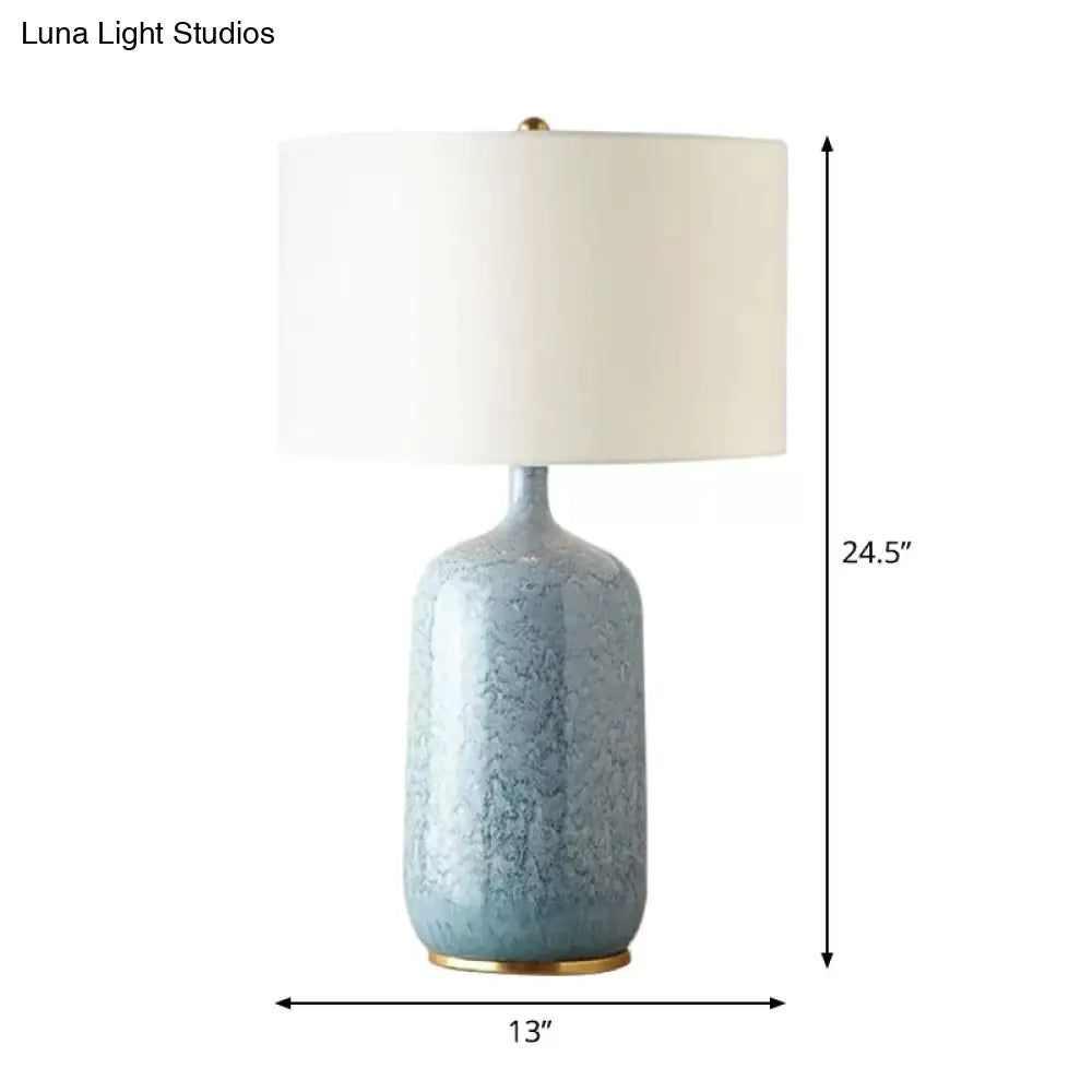 DecorBites™ DecorBites™ Blue Minimalistic Drum Table Light with Ceramic Base - 1 Bulb Fabric Nightstand Lighting