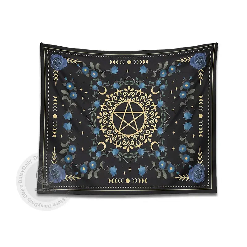 Black tapestry wall hanging featuring a gold pentagram with blue rose moon floral and decorbites blue rose accents