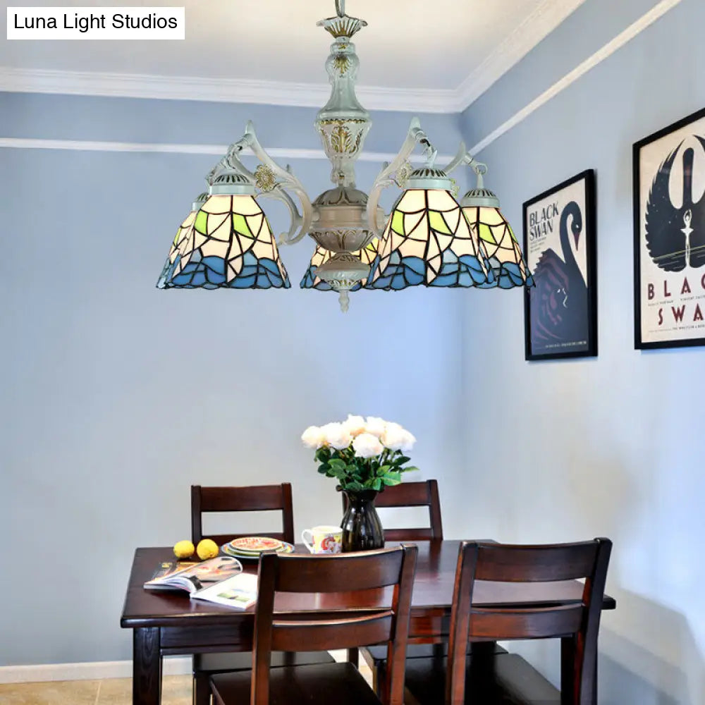 Blue Stained Glass 5-Light Chandelier with Adjustable Chain for Foyer