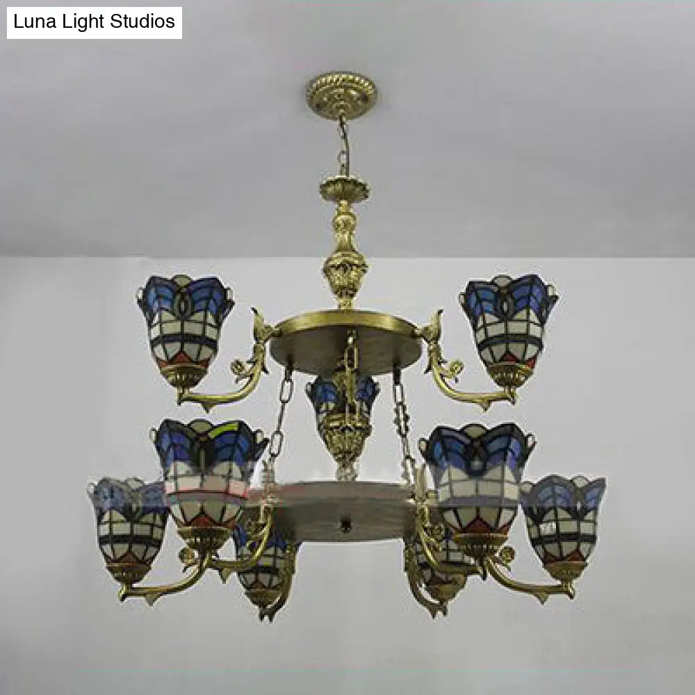 Blue Stained Glass Baroque Bell Chandelier with Adjustable Chain - 2 Tiers Suspended Lighting