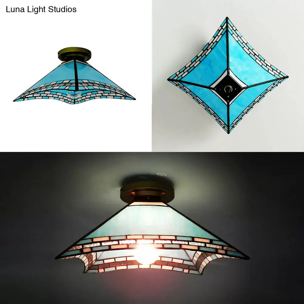 DecorBites™ Blue Stained Glass Ceiling Light - Tiffany Flared Semi Flush Mount for Bedroom