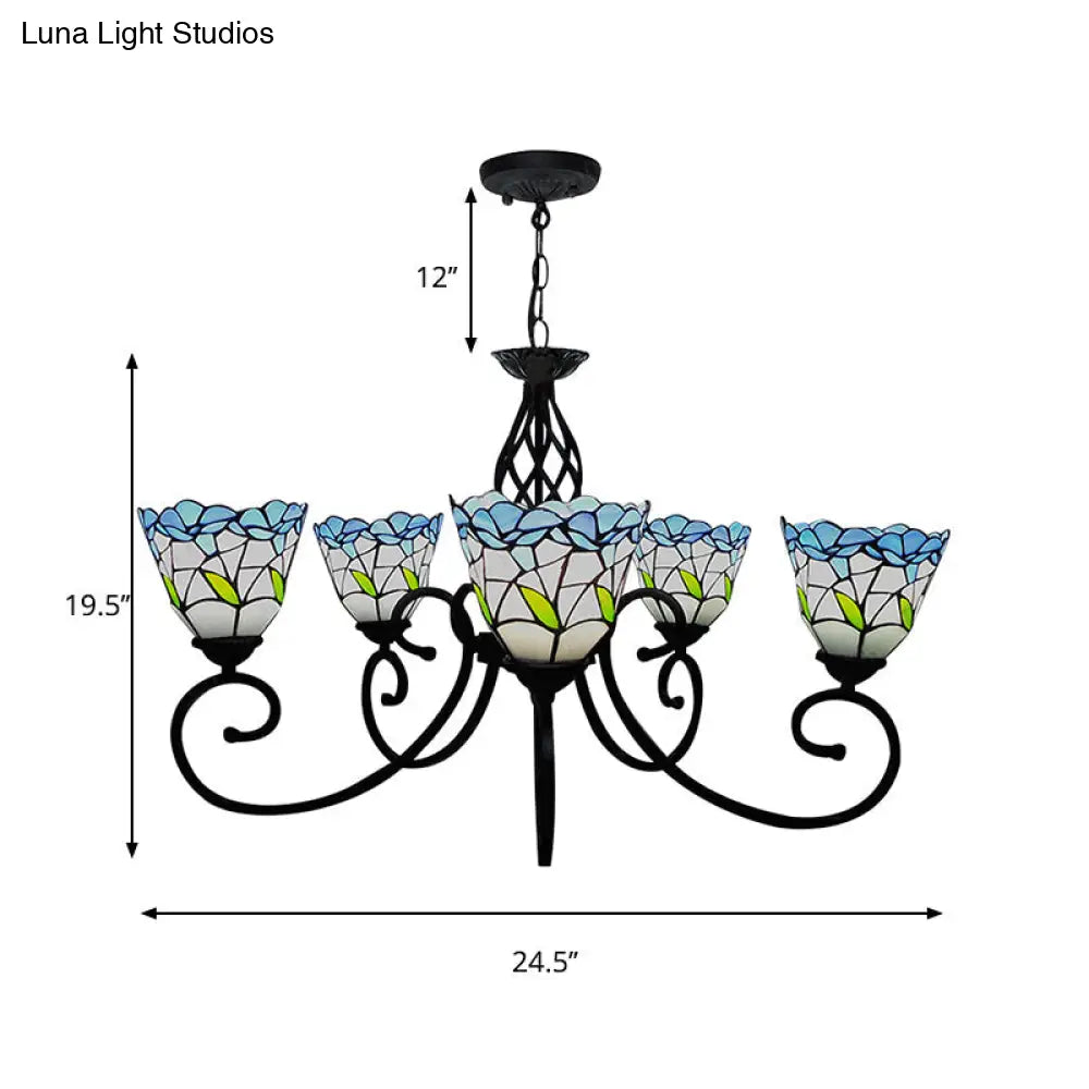 Lámpara de araña de vitral azul con 5 colgantes florales estilo Tiffany - Perfecta para techos de sala de estar