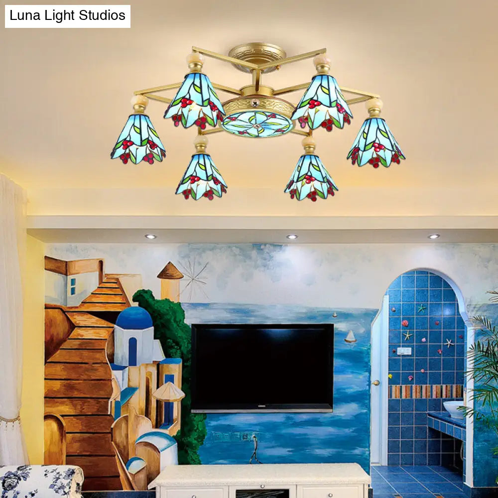 Lámpara de techo semiempotrada DecorBites™ con forma de cono de vitral azul - Lámpara de techo estilo náutico (4/6/7 luces)