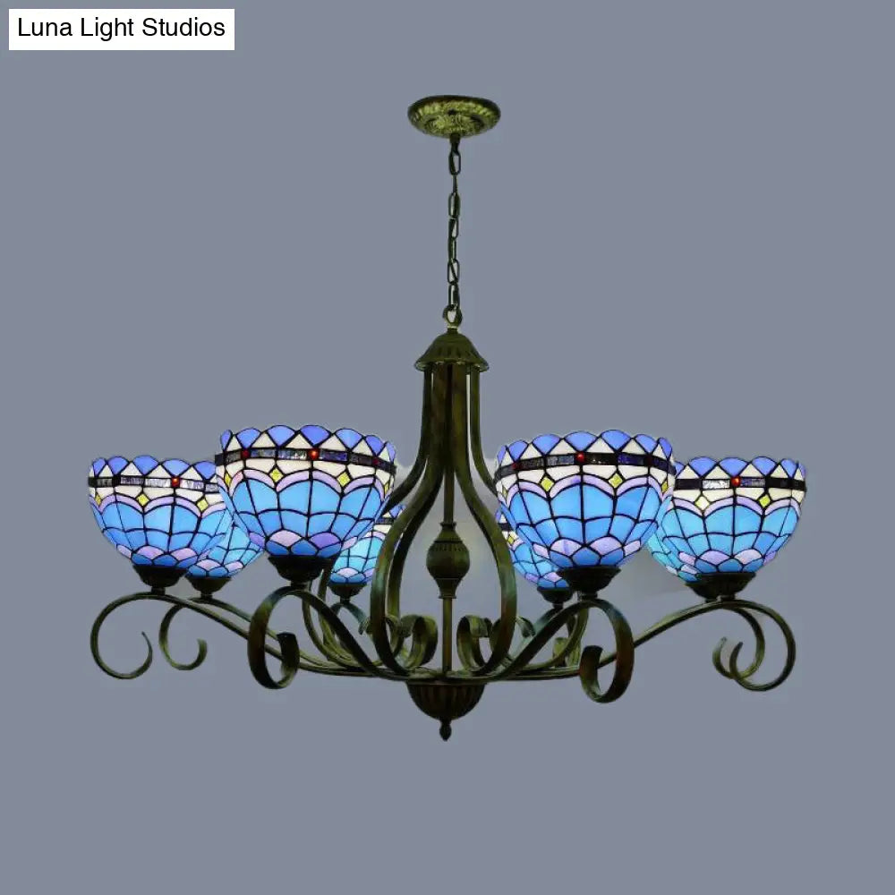 Lámpara de techo tipo cúpula de cristal azul con 3/6/8 luces, estilo mediterráneo, ideal para dormitorios - Acabado negro, 65/86/95 cm de ancho