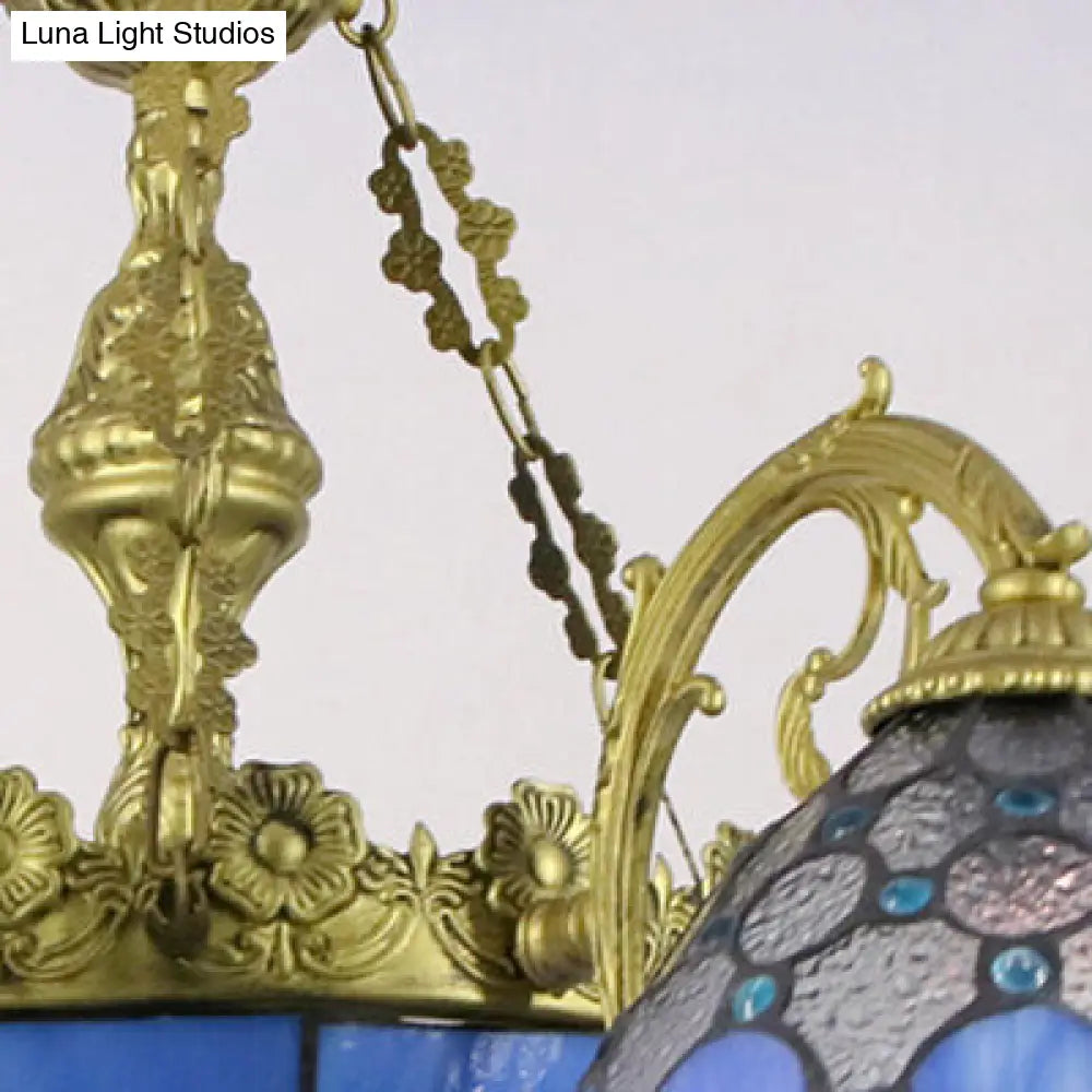 Blue Stained Glass Dome Pendant Light with Mediterranean Charm
