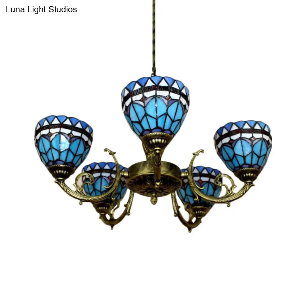 Blue Stained Glass Pendant Chandelier with 5 Heads for Mediterranean Lighting