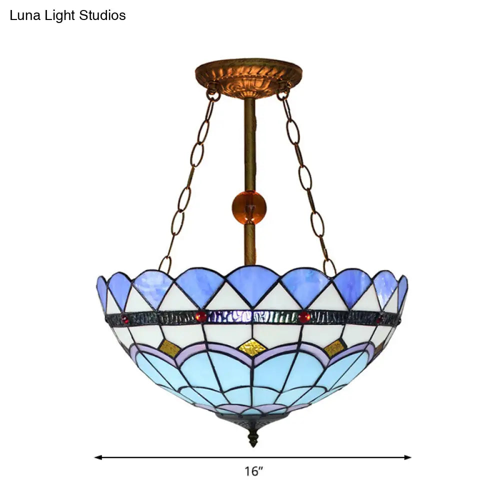 DecorBites™ Blue Stained Glass Semi Flush Mount with Inverted Bowl Shade - Mediterranean Style