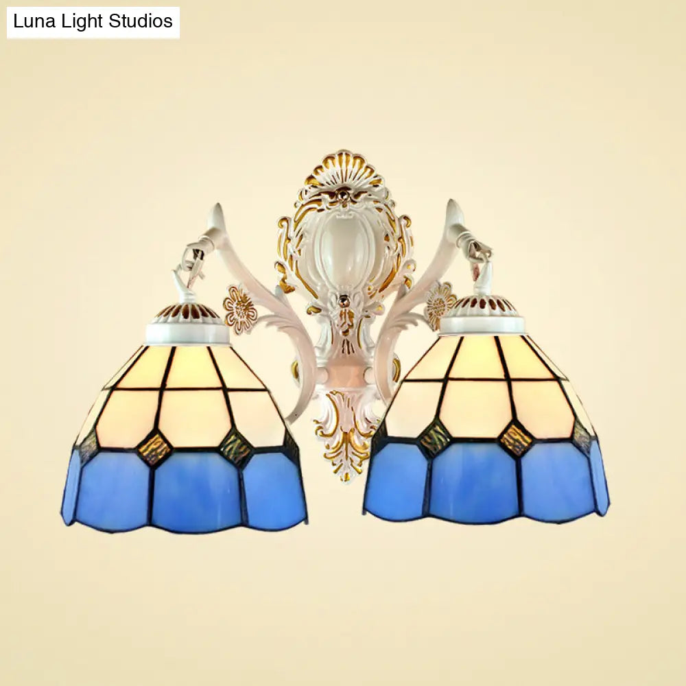 Blue Stained Glass Wall Light with Dome Shade for Corridor - Lodge-inspired Wall Lighting