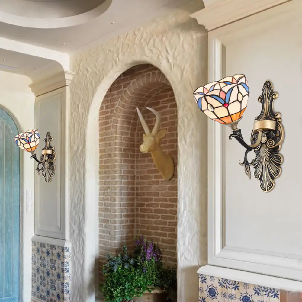 Blue Stained Glass Wall Sconce - Baroque/Flower/Gem/Magnolia Pattern Tiffany Design - 1 Light Indoor Lighting