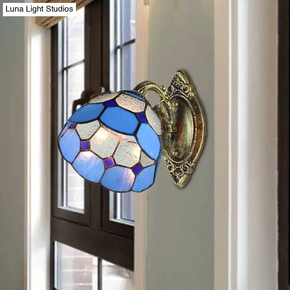 Blue Stained Glass Wall Sconce Tiffany Style - Scalloped Edged Lighting for Stairway