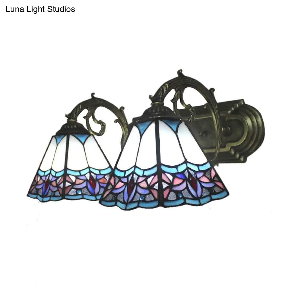 Blue Stained Glass Wall Sconce with Curved Arm - 2 Bulbs, Pyramid Style for Corridor