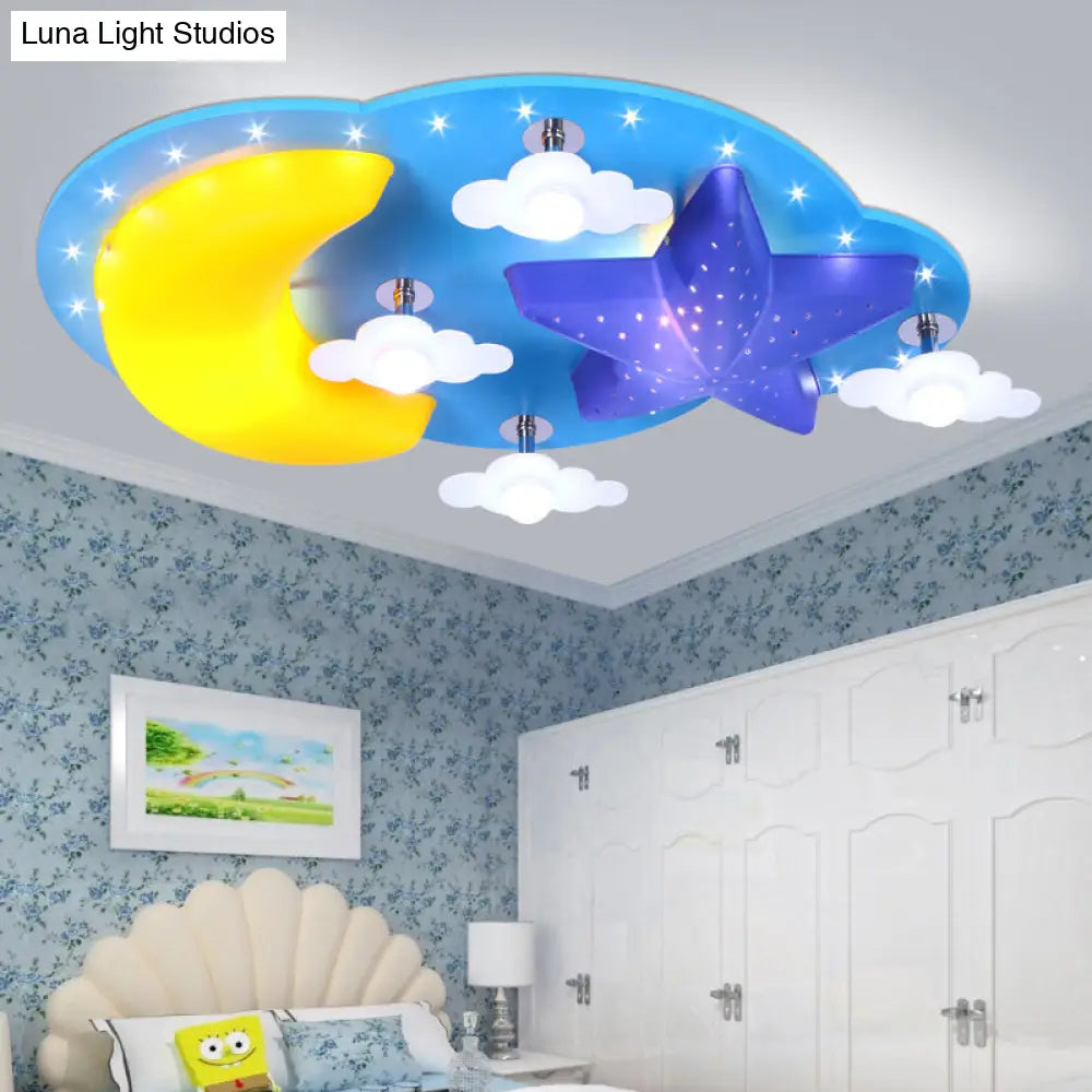 Lámpara de techo de madera con diseño de luna y estrella azul de DecorBites™ para dormitorio infantil