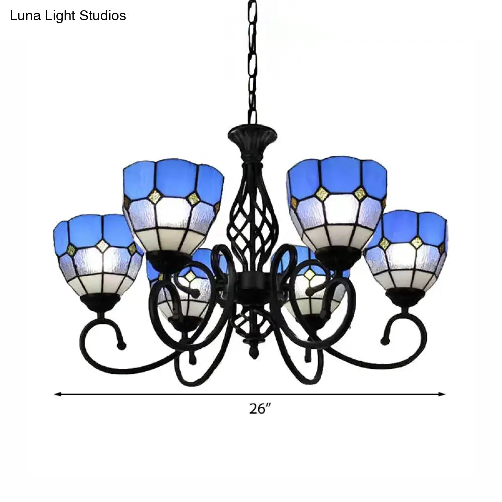 Lámpara de araña Tiffany azul con pantallas de cristal artístico y decoración de joyas - Colgante de 6 luces para sala de estar