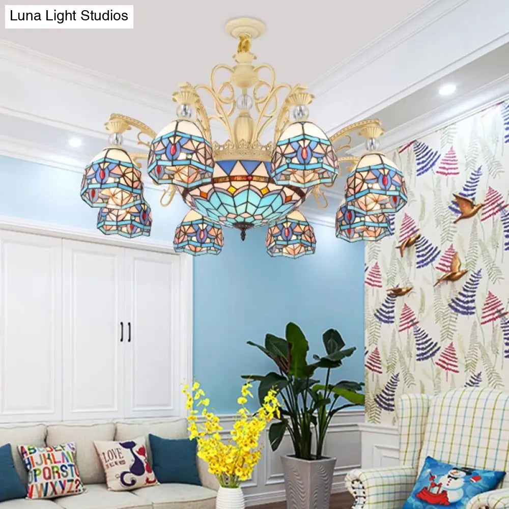 Lámpara de araña victoriana azul con pantalla de cristal tallado - 6/9/11 luces - Lámpara colgante moderna para sala de estar