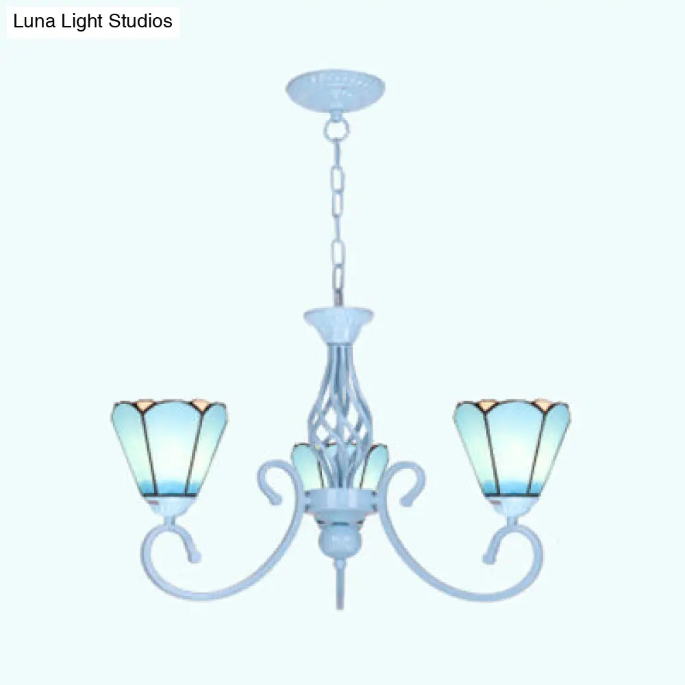 Blue/White Conical Hanging Chandelier - Metal Chain Tiffany 3-Light Stained Glass Drop Ceiling Light