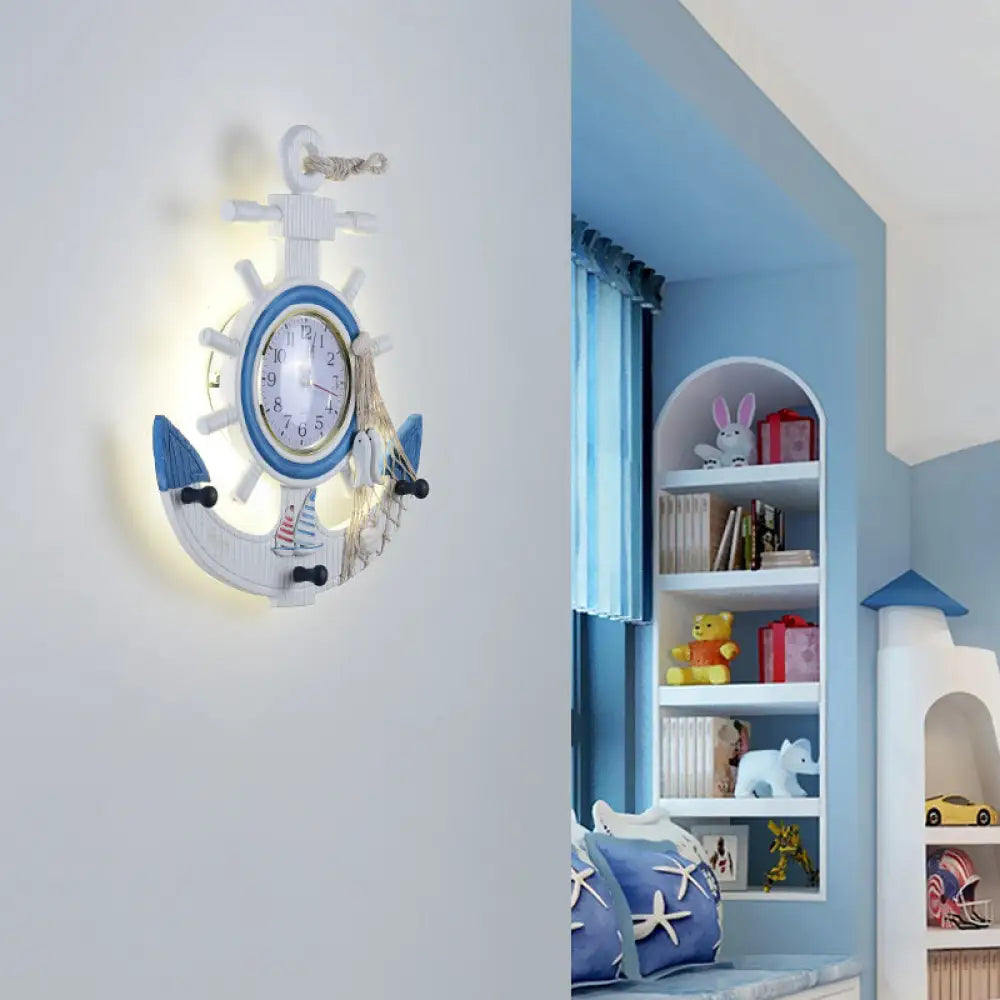 Lámpara de pared LED con ancla de madera azul - Lámpara de pared moderna con reloj para dormitorio infantil