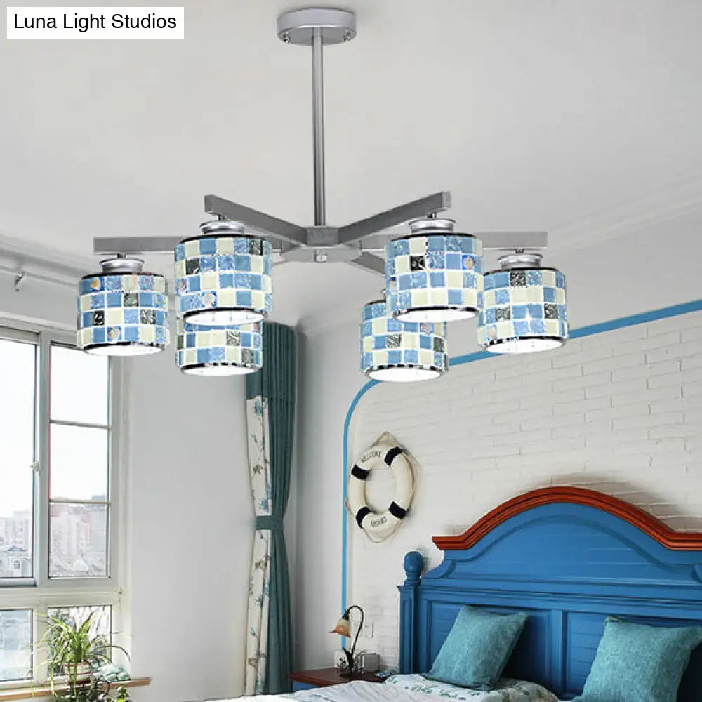Blue/Yellow Glass Mosaic Ceiling Light with Chrome Finish - Modern 6-Light Hanging Chandelier