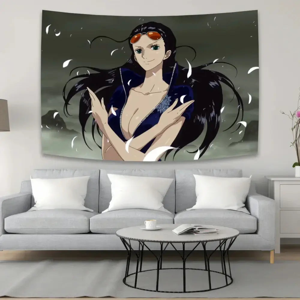 Dark blue and black anime character canvas tapestry with orange goggles and detailed outfit for bedroom decorbites anime decor