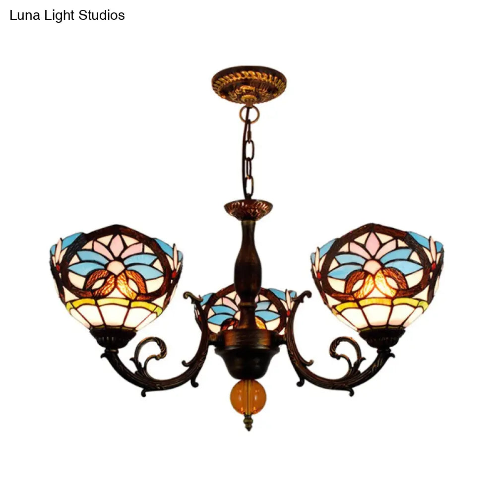 Bowl-Shaped Stained Glass Chandelier: Lodge Décor with Crystal Accents, Multicolor Design