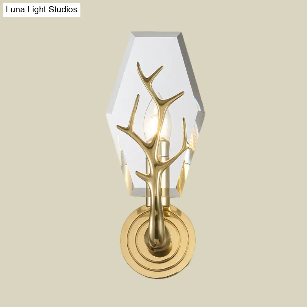 DecorBites™ Brass Antler Arm Wall Sconce with Crystal Panel, Modern Design & 1-Bulb Wall Mount Lighting