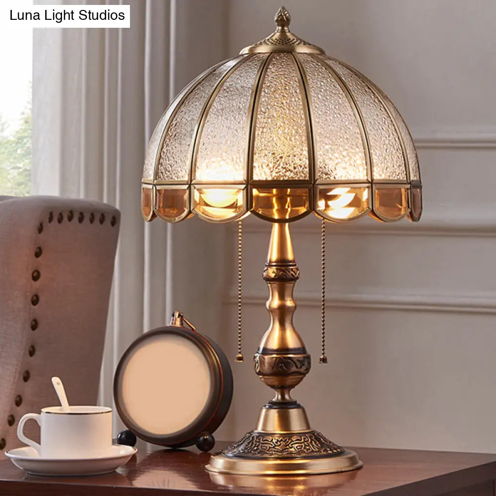 Brass Night Lamp: Traditional Dome Shade Table Light with Pull Chain and Water Glass - 1 Bulb
