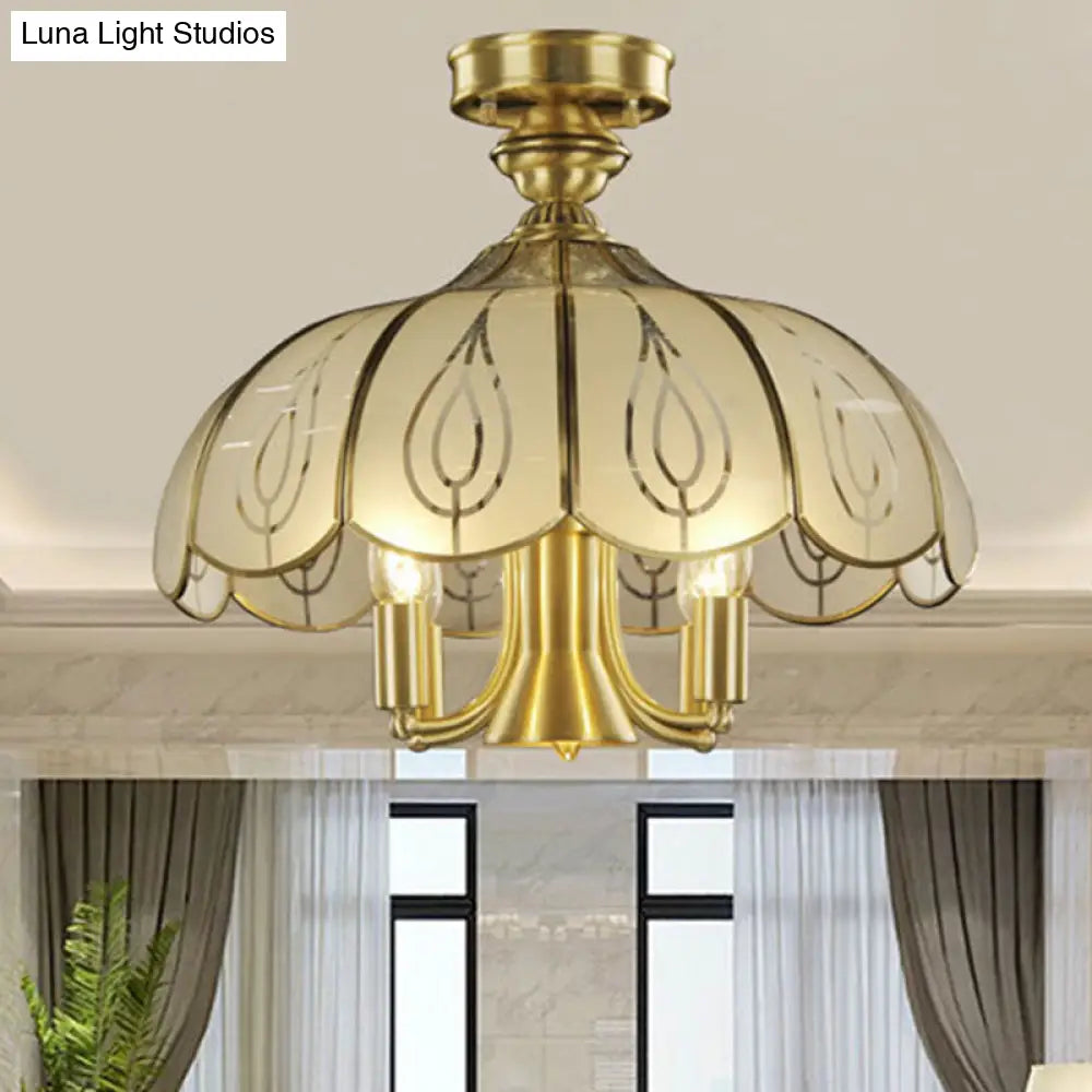 DecorBites™ DecorBites™ Brass Semi Flush Ceiling Mounted Fixture with Scalloped Frosted Glass & Leaf Pattern - 4 Heads, Rural Style